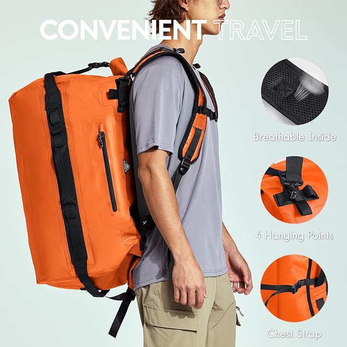 Haimont Large Waterproof Duffel Backpack Roll-Top Heavy Duty Dry Duffle Bag for Boating Travel Motorcycle Kayaking Camping 60L