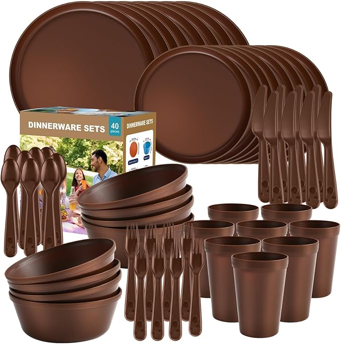40 Piece Plastic Dinnerware Set for 8 with Cutlery Unbreakable Plates and Bowls Set Dishwasher &amp Microwave Safe Reusable Dish Set for Camping RV Outdoor Kitchen Apartment Dining Brown