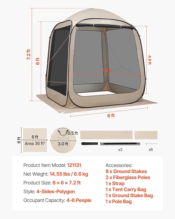 VEVOR Screen House Tent 6x6FT Pop-Up Screen Tent for 4–6 Person Portable Screen Room Gazebo with Netting Carry Bag &amp Ground Stakes Instant Screen Canopy for Patio Backyard Garden Camping
