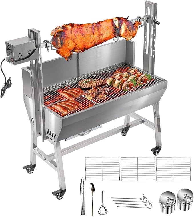 132LBS Rotisserie Grill with Hooded Cover 25W Motor BBQ Lamb Pig Grill Roaster Rotisserie 35 Stainless Steel Charcoal Grills for Camping Outdoor Barbecue