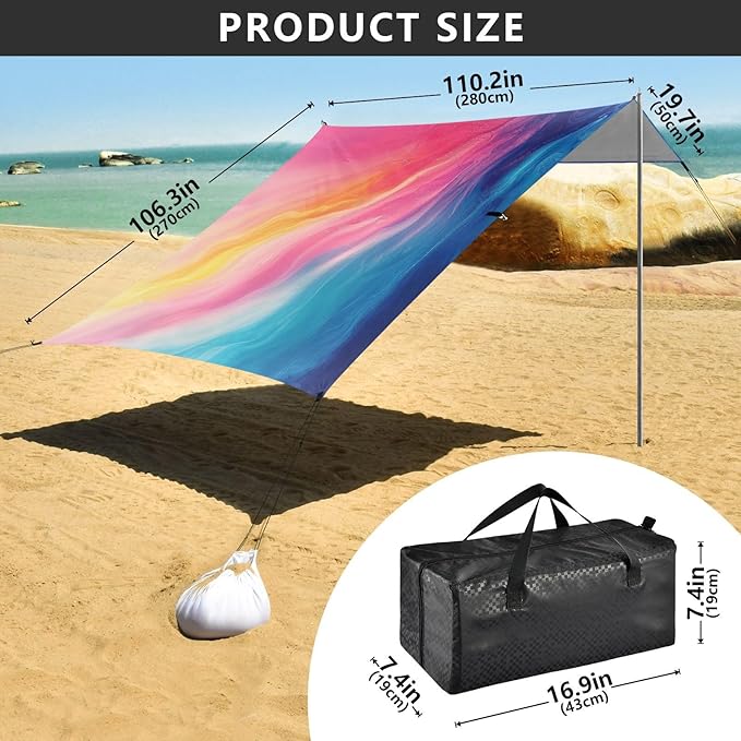 ALAZA Pink Yellow Blue Rainbow Color Beach Tent Sun Shelter Portable Canopy Sunshade for Outdoor Camping Picnics Backyard Fun 10x9 ft