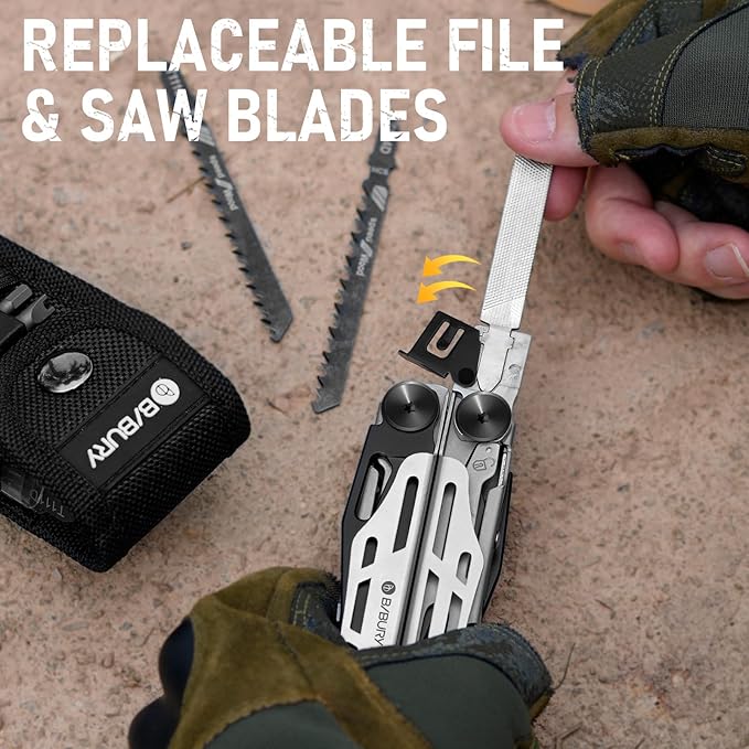 BIBURY Multitool Pliers Pro BI2045 Foldable Multitools with Replaceable Wire Cutters and Saw Stainless Steel Multi Tool w/Upgraded Scissors and Screwdriver Set Ideal for Camping Hiking Survival