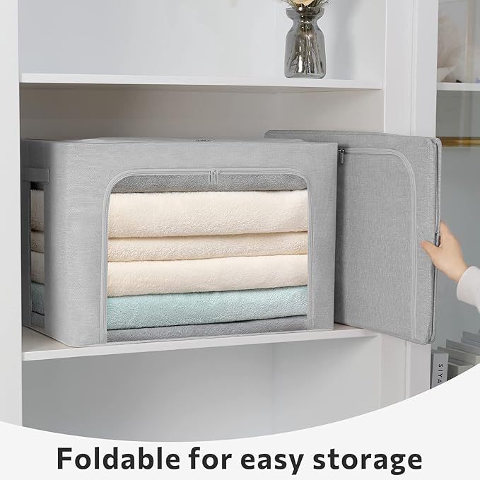 FHSQX 2 Pack Clothes Storage Bins Stackable Metal Frame Storage Box Large Capacity Foldable Linen Fabric Box Organizer with Carrying Handles and Clear Window (Light Gray 19.7x 15.7x 12.6 Inch)