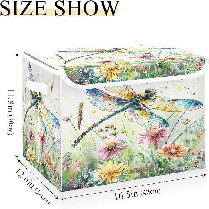 senya Baskets Collapsible Storage Bins with Lids Dragonfly Wildflowers Painting Storage Boxes Clothes Baskets for Organizing B06D22020