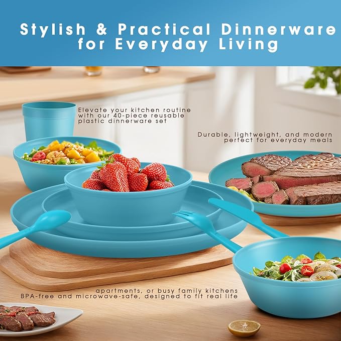 40 Piece Plastic Dinnerware Set for 8 with Cutlery Unbreakable Plates and Bowls Set Dishwasher &amp Microwave Safe Reusable Dish Set for Camping RV Outdoor Kitchen Apartment Dining Teal