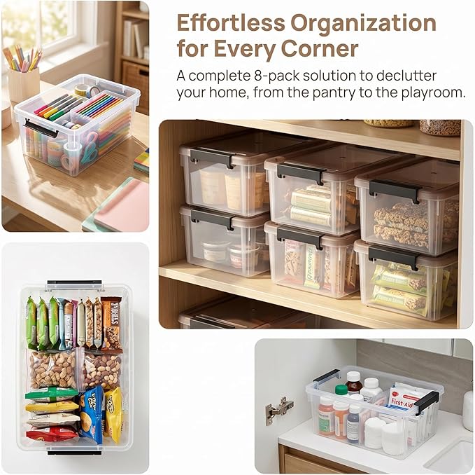 Nicunom 8 Packs Small Storage Bins with Lids 3.2 QT Clear Storage Latch Box Plastic Storage Bins Stackable Storage Containers for Organizing