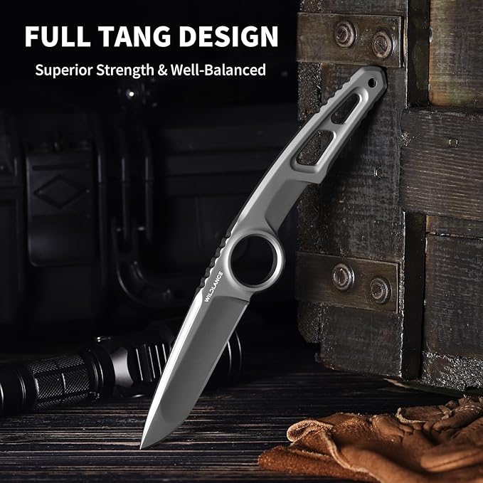 EDC Fixed Blade Knife with Sheath Camping Knife Fixed Blade 3.3 DC53 Steel Outdoor Survival Blade Full Tang Hunting Knives for Men Women IB-02 Silver