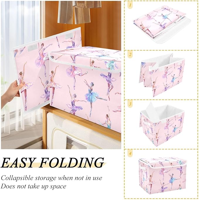 ALAZA Ballet Dance Pink Storage Bins Organizer Box Baskets Lidded Clothes for Shelves Closet Collapsible Stackable Storage Cubes Handles