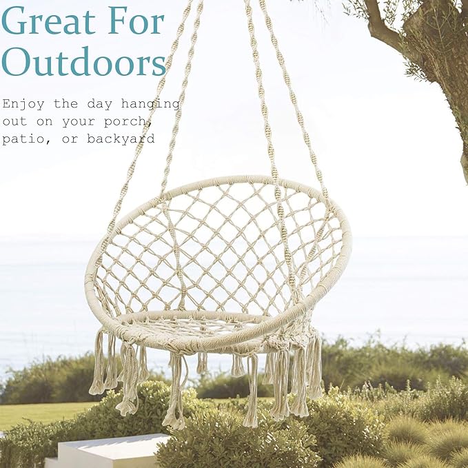 Hanging Swinging Chair Macrame Hammock Hanging Swinging Chairs with Soft Cushions and Hardware Accessories Hanging Chair for Indoor and Outdoor Use 3 Installation Methods Beige (1 Beige)
