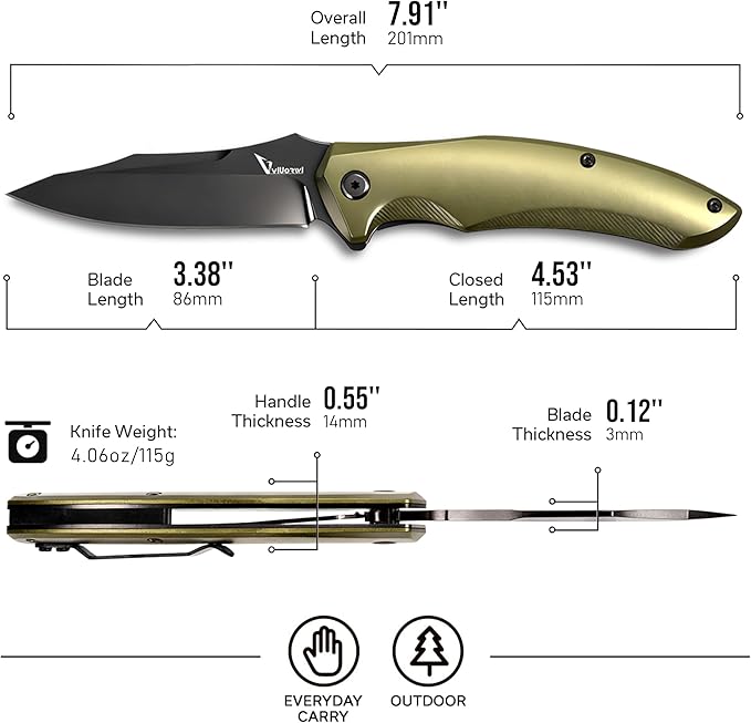 Ranger VR-09G Folding Knife - D2 Steel Blade HRC 60-65 Premium EDC Pocket Knife with Textured Olive Green Aluminum Handle Solid Liner Lock &amp Deep Carry Clip for Camping Fishing Hiking Work &a