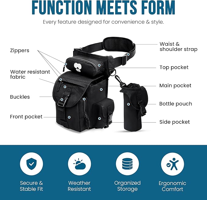 Drop Leg Tactical Bag with Insulated Bottle Pouch - Adjustable Shoulder Strap for Men Women Parents Hiking Biking Travel Photography - Weather-Resistant Outdoor Gear with Multiple Compartments