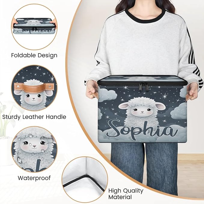 Custom Storage Basket with Name Personalized Storage Bins with Zipper Lid Foldable Fabric Storage Box Large capacity with Handle Cloud Sheep