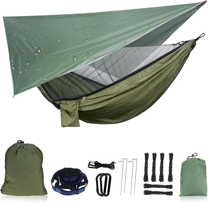 NewDoar Camping Hammock with Mosquito Net and Rain Fly TarpPortable Single Nylon Parachute Hammock Rainfly SetTree Straps Swing Hammock Bed for Outdoor Backpacking Backyard Hiking(ArmyGreen)