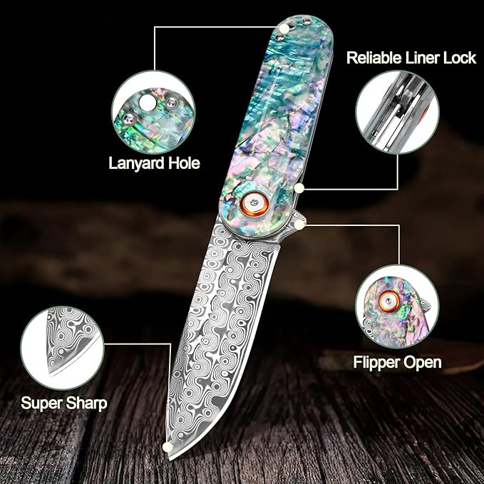 Zingbee Damascus Pocket Knife with Sheath 2.95 Damascus Steel Blade Folding Knife with Abalone Shell Handle EDC Pocket Knives for Men Women Outdoor Indoor Camping