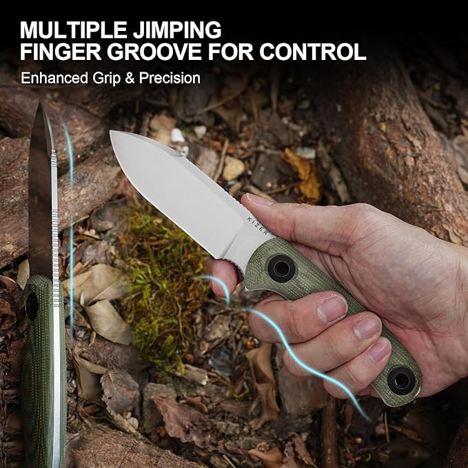 Kizer Drop Bear Fix 3 Fixed Blade Knife 3.8 14C28N Blade EDC Camping Knife with Green Micarta Handle Small Hunting Knives with Sheath Outdoor Survival Knives with Pocket Clip and Lanyard 1101A2