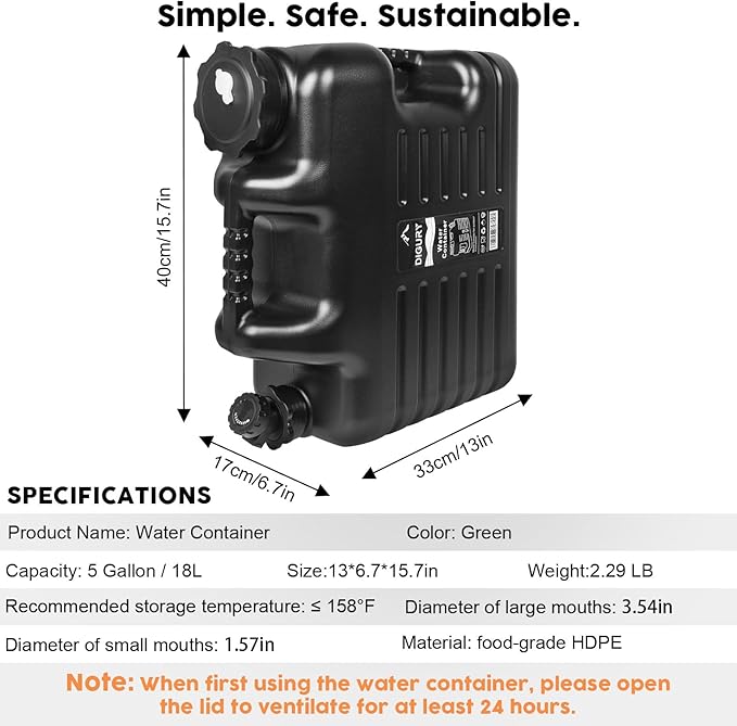 Digury 5 Gallon Water Jug Camping Water Container BPA Free Water Storage with Spigot No Leakage Portable Emergency Water Tank for Outdoor Hiking Camping Picnic Supplies Black
