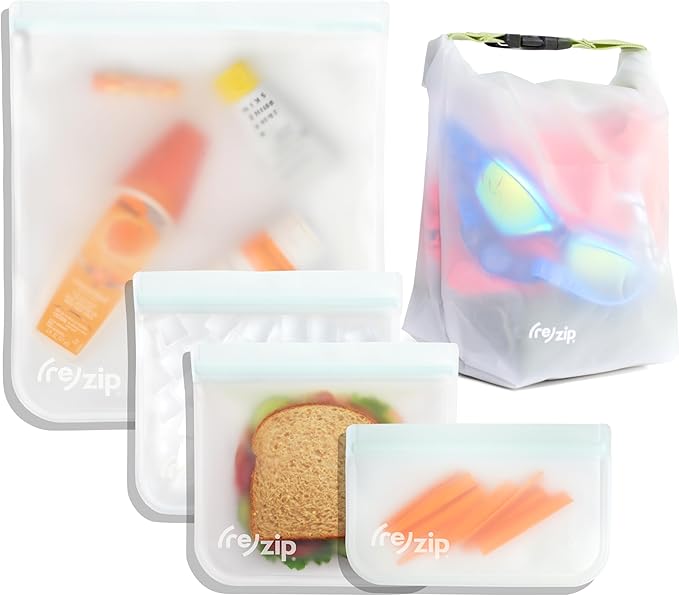 (re)zip 5-Piece Summer Day Camp Essentials Kit – Reusable Gallon Sandwich Snack Bags + Roll Top Dry Bag – BPA-Free Leakproof Storage for Food Clothes and Camp Gear
