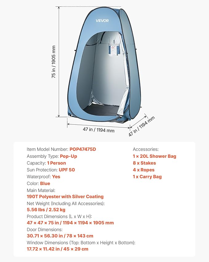 VEVOR Pop up Privacy Tent Instant Portable Privacy Tent Changing Room with Bag Ground Stakes Ropes Carry Bag 190T Polyester with Silver Coating Quick Setup for Camping Beach Fishing