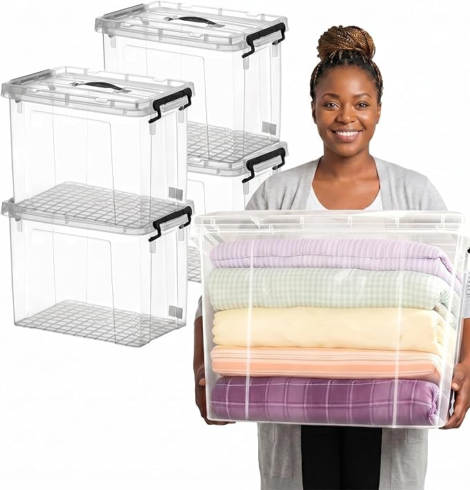 4 Pack 90 Qt Clear Large Storage Bins with Lids Stackable Plastic Organizer for Home Office Garage BPA-Free Heavy-Duty See-Through Containers with Secure Latches &amp Handles