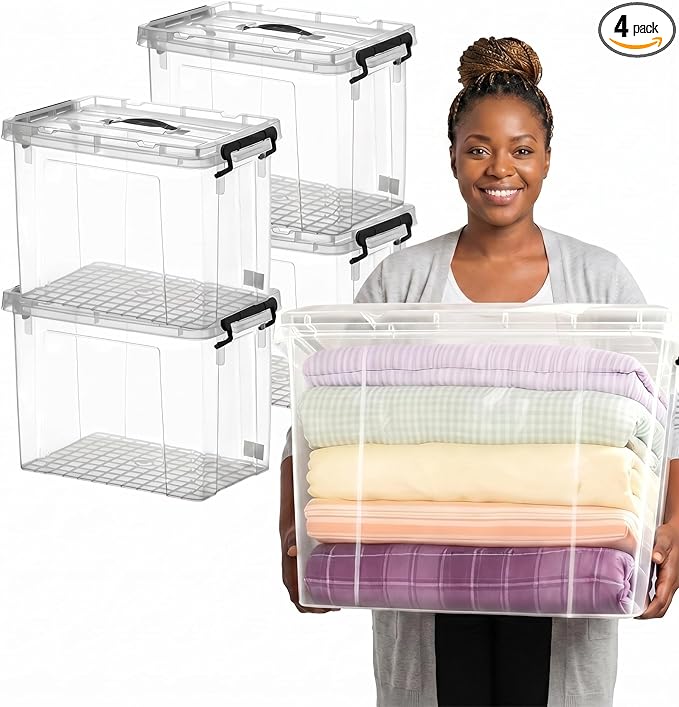 4 Pack 120 QT Storage Bins with Lids Clear Stackable Plastic Organizers Heavy-Duty Large Containers with Secure Latches &amp Handles BPA-Free for Closet Garage Laundry &amp Office