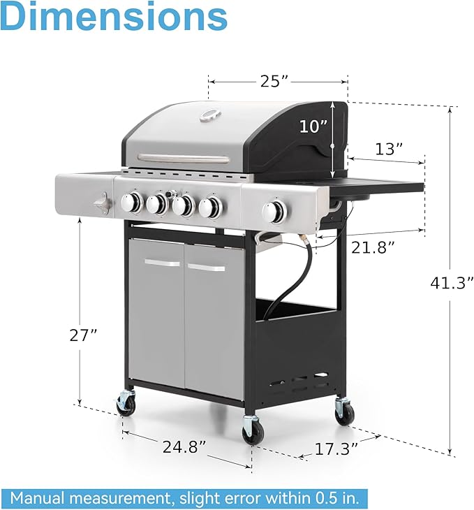 GREEN PARTY 4 Burner BBQ Propane Gas Grill with Side Burner &amp Porcelain-Enameled Cast Iron Grates 545 SQIN Grilling Area 42000 BTUs Barbecue Grill for Outdoor Cooking Garden Patio Backyard Silv
