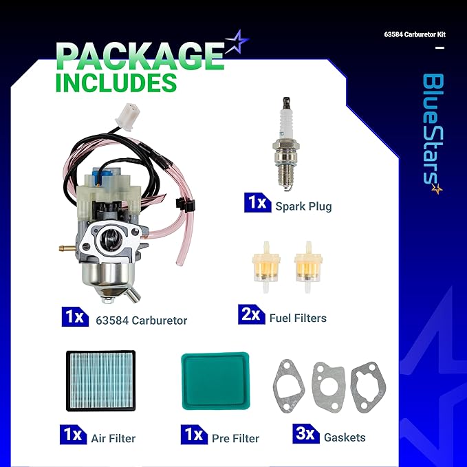 BlueStars 63584 Carburetor Kit - Fit Huayi Predator 3500 Watts Inverter Generator 63584 Carb 3500W with Gaskets Air Filter Spark Plug Fuel Line - Replaces 16100-ZL0-D66 16100-Z0V-D12 16100-ZL0-D65