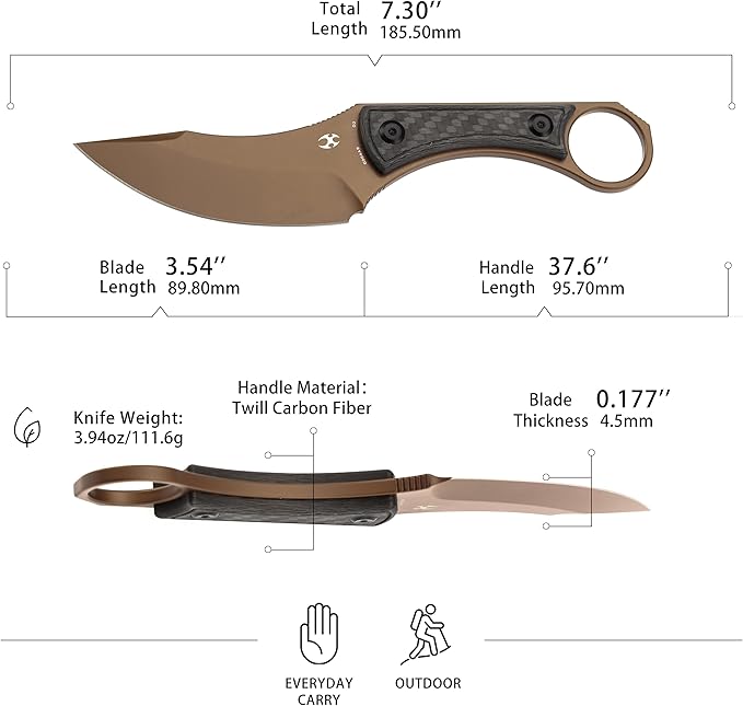 KANSEPT Niko Fixed Blade Knife 3.54'' Rose Gold Coated D2 Sharp Blade with Twill Carbon Fiber Handle Adjustable Kydex Sheath for Edc Hunting Survival Camping G004A9
