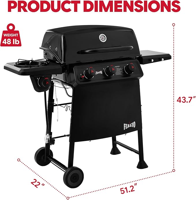 Feasto 3 Burner Propane Gas Grill with Side Burner Porcelain-Enamel Main Body and Lid Propane BBQ Grill with 38000 BTUs Output &amp Side Table for Patio Backyard Poolside Gatherings
