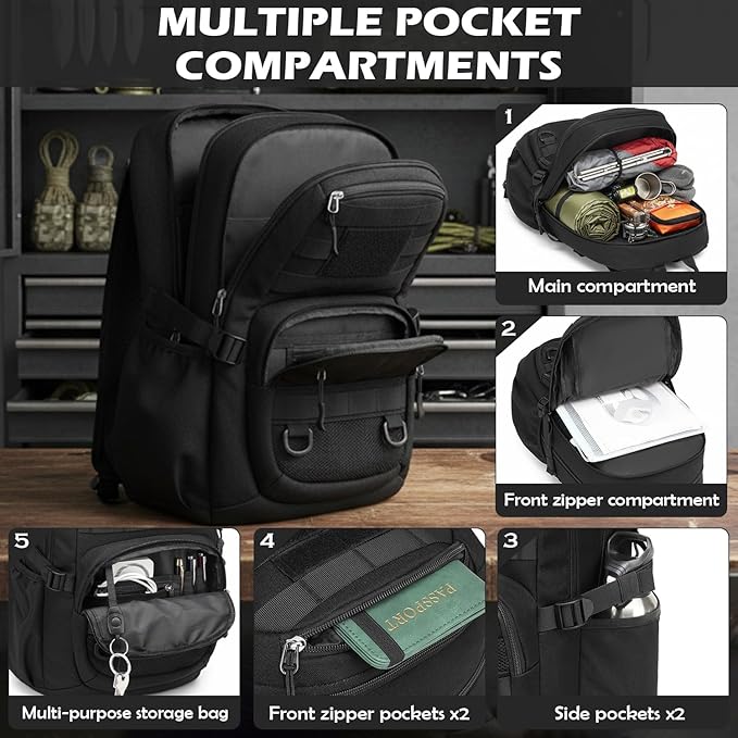 25L Military Tactical Backpack - Molle Army 3 Days Assault Pack Out Bag Hiking Rucksack Black