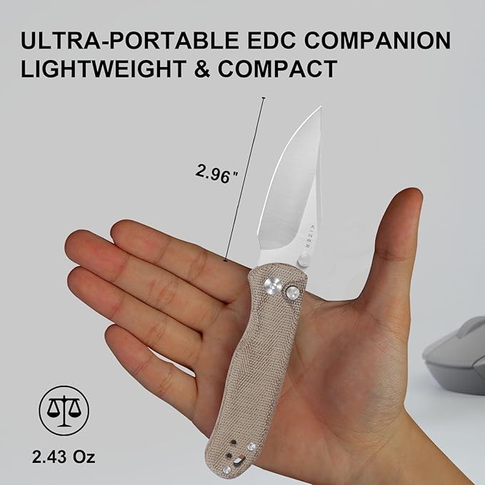 Kizer Drop Bear 2 Pocket Knife 2.96 Nitro-V Clip Point Blade Folding Knife with Brown Micarta Handle Button Liner Lock EDC Knives with Jimping on Spine for Men Women V3619.2CC1