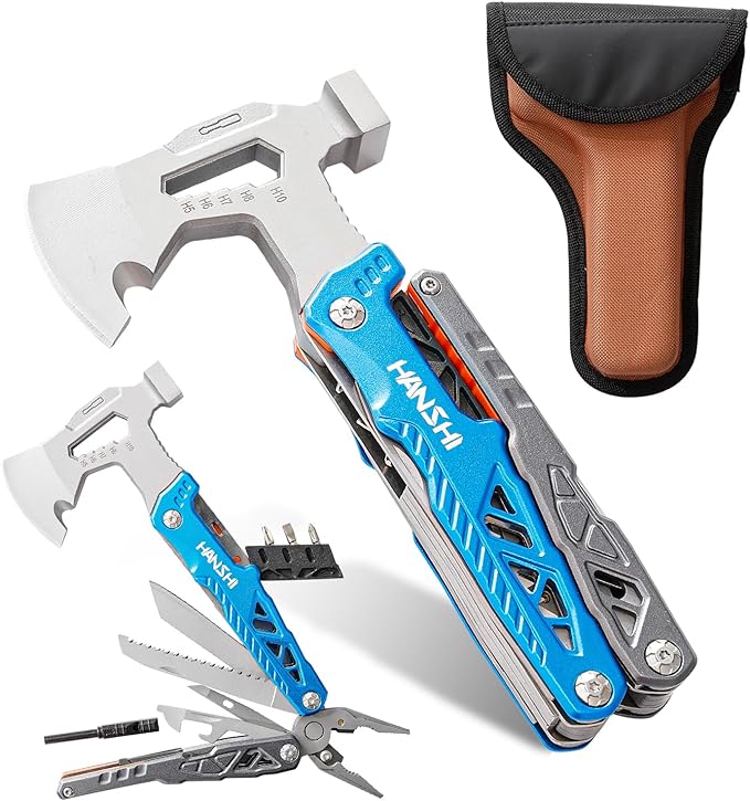 HANSHI Camping Axe Multitool with YG10 Tungsten Steel Replaceable Wire Cutters for Gift17 in 1 Multi Tool with Spring-Action PliersKnifeScrewdriverFlint RobSafty Whistle with Nylon Sheath (Blue)