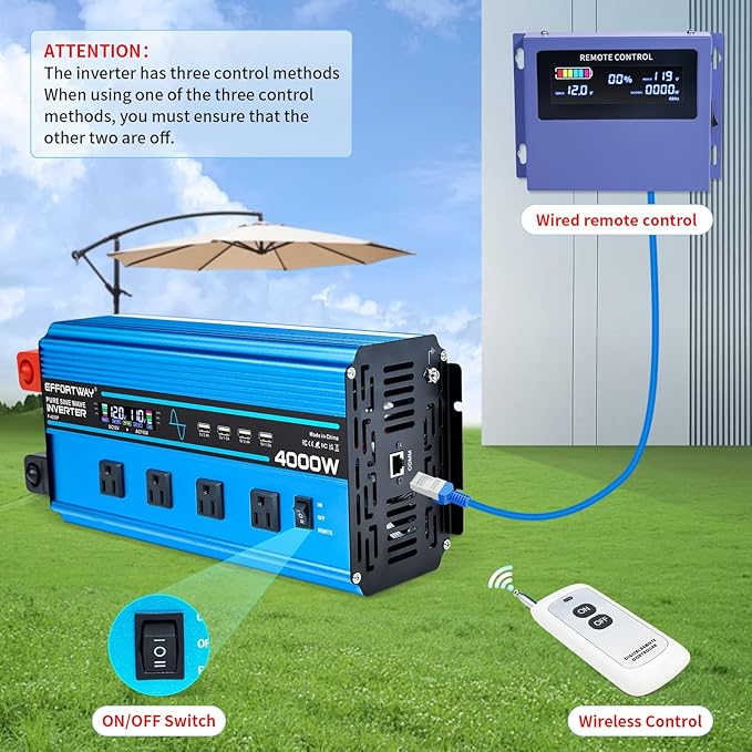 4000w Pure sine Wave Inverter DC 12V to AC 110V/120V Converter 8000w (Peak) with LCD Display Wireless/Wired Remote Control 4AC outlets and 4USB.Ideal for Camping RV Travel Off-Grid Solar Systems
