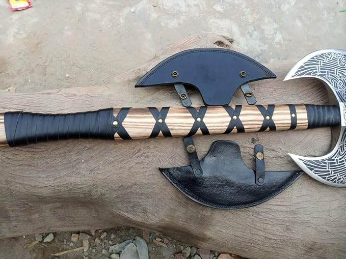 Hand-Forged Double Headed Viking Axe – 27 Odin's Carbon Steel Battle Hatchet with Leather Wrapped Wood Handle – Norse Style Throwing Axe for Camping Collecting Survival Gear or Gifts.