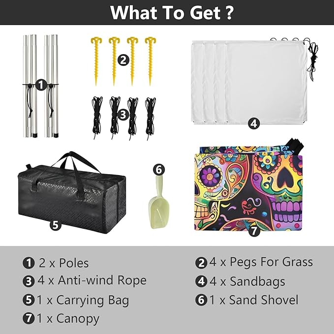 ALAZA Sugar Skulls Day of Dead Beach Tent Sun Shelter UPF50+ Protection Beach Shade Canopy w/ 4 Sandbags for Outdoor Camping Fishing Backyard Fun Picnic 10x9 ft