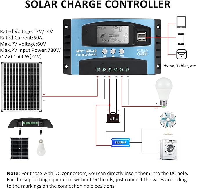 60A MPPT Solar Panel Battery Controller with LCD Display 12V/24V Auto Parameter Intelligent Charger Regulator Fit for Lead-Acid/Lithium-Ion/Lithium Iron Phosphate Battery Timer Setting Blue