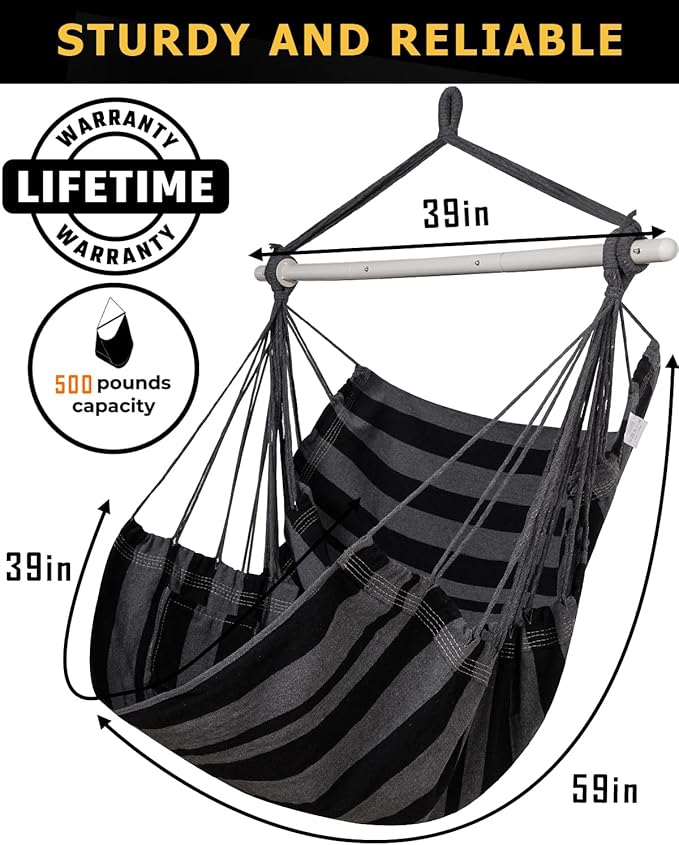 ADVOKAIR Hammock Chair Hanging Chair Swing Large Indoor with Anti-Slip Steel Spread Bar and Pocket-Max 500lbs-2 Cushions Perfect for BedroomOutdoorPatio PorchBackyard…