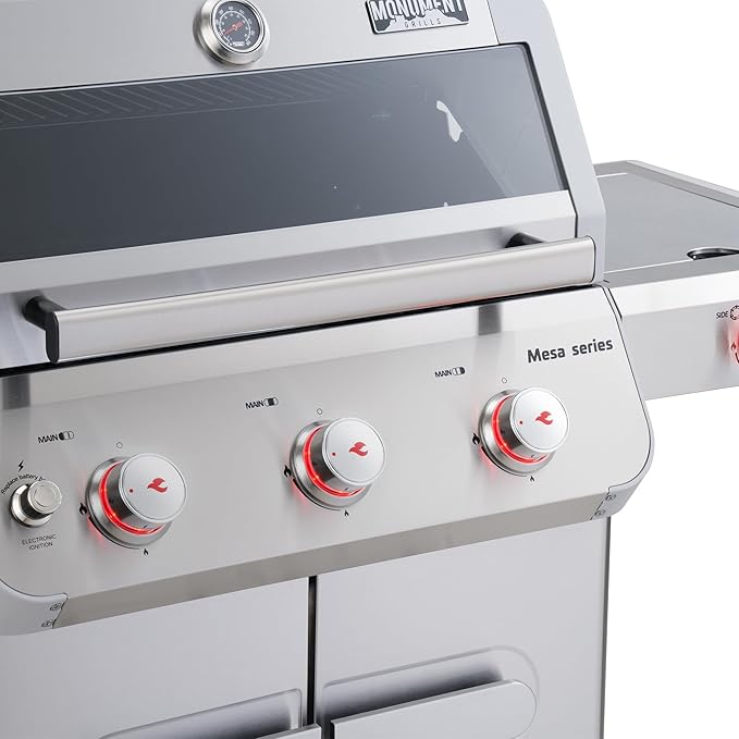 Monument Grills Outdoor Barbecue Stainless Steel 3 Burner Propane Gas Grill 48000 BTU Patio Garden Grill with Side Burner and Knob Controls Mesa305 with Smoker Box