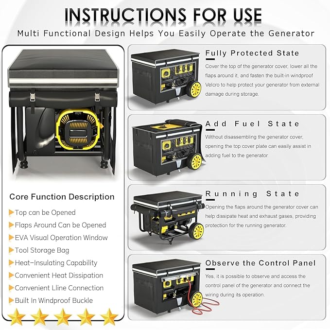 Generator Covers While Running 32x24x24 Inches Generator Covers for Outside 1680+400D Double Layer Portable Heavy Duty Dustproof/Waterproof Cover for 5000W-10000W Frame Generators Black