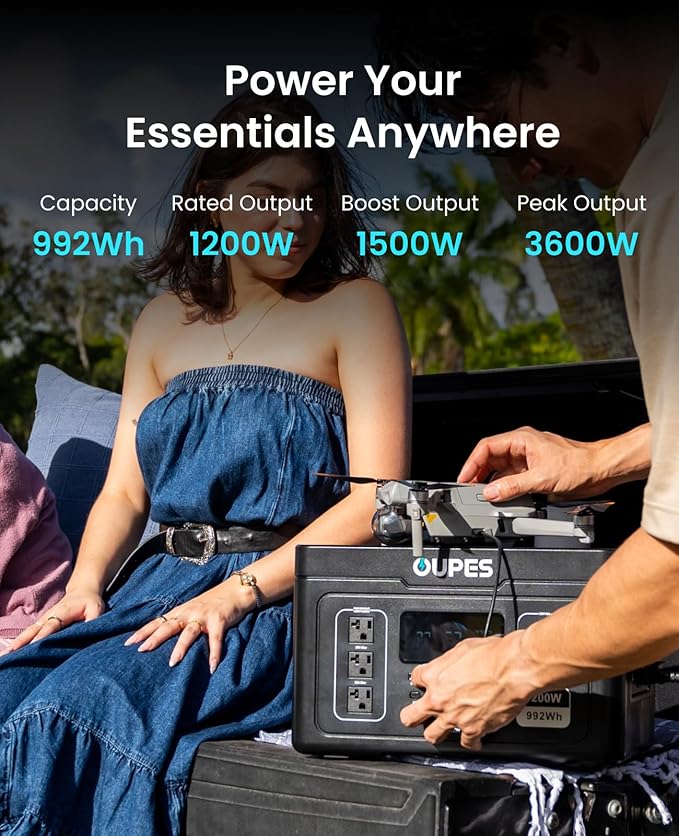 OUPES Exodus 1200 Solar Generator with 240W Panels Included – 992Wh 1200W LiFePO4 Battery Power Station with Dual PD 140W Type-C Smart App Control UPS Ideal for Camping RV Home Emergency