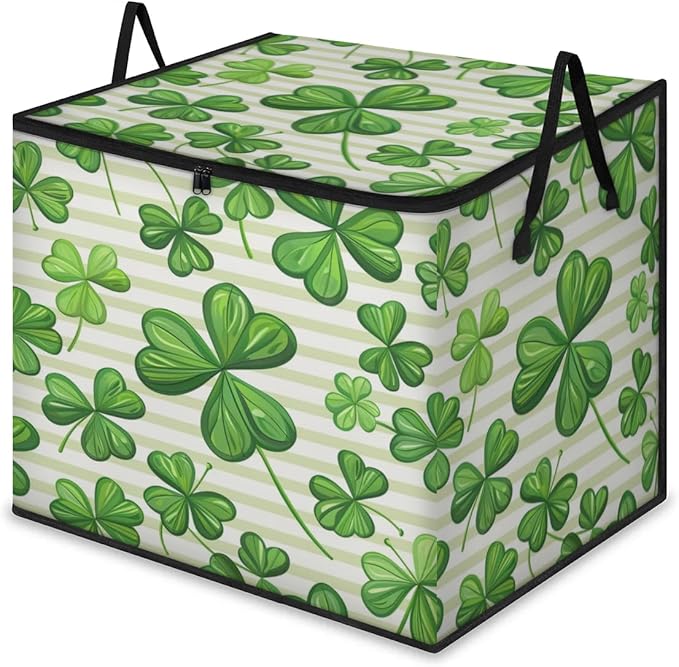 XL Large Clothes Storage with Lid Handle St.patrick's Day Large Thick Clothes Blanket Storage Containers for Organizing Bedroom Closet Comforter Clover Branches Green Leaves