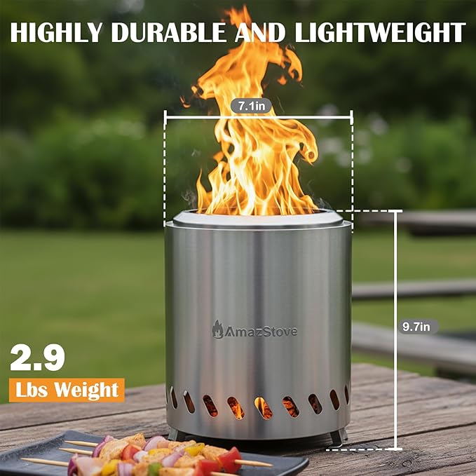 9.7 x 7.1 Inch Tabletop Fire Pit by AmazStove Low Smoke Camping Stove for Outdoor Safe Burning Firepits Fueled Pellets or Wood Travel Bag Included (Silver 9.7 x 7.1 INCH)