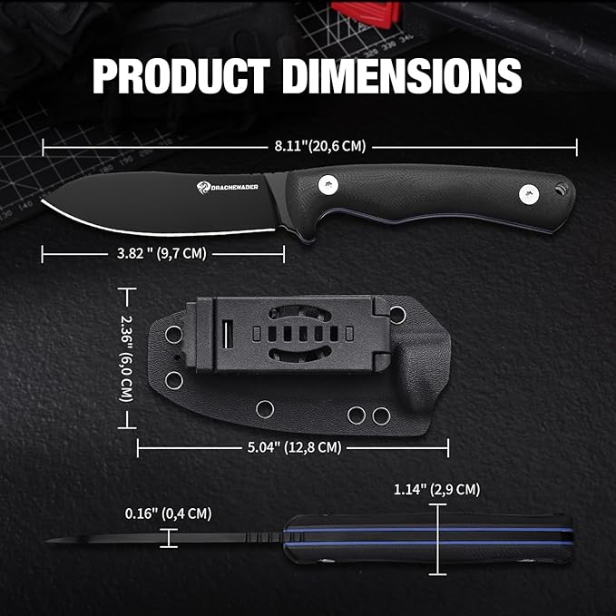 DRACHENADER SHADOW 8.11 Fixed Blade Hunting Knife D2 Steel Blade Survival Knife with Kydex Sheath Horizontal Carry for Men Outdoor Skinning and Camping (Black)