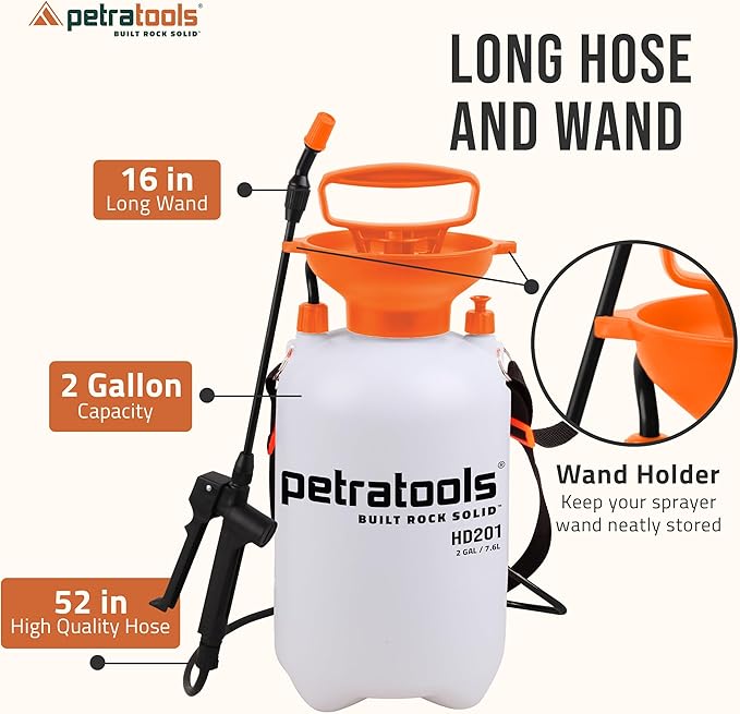 Petratools 2 Gallon Pump Sprayer - HD201 Garden Sprayer for Weeds Lawn Care &amp Pesticides - 52 Long Hose 2 Nozzles &amp Easy Carry Handle - Durable &amp Lightweight