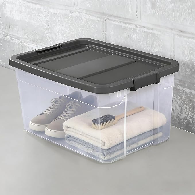 76 Quart Heavy-Duty Stacker Box – Clear Plastic Storage Bin with Secure Latch Lid Ideal for Home Garage Closet &amp Basement Organization Dark Gray (2)
