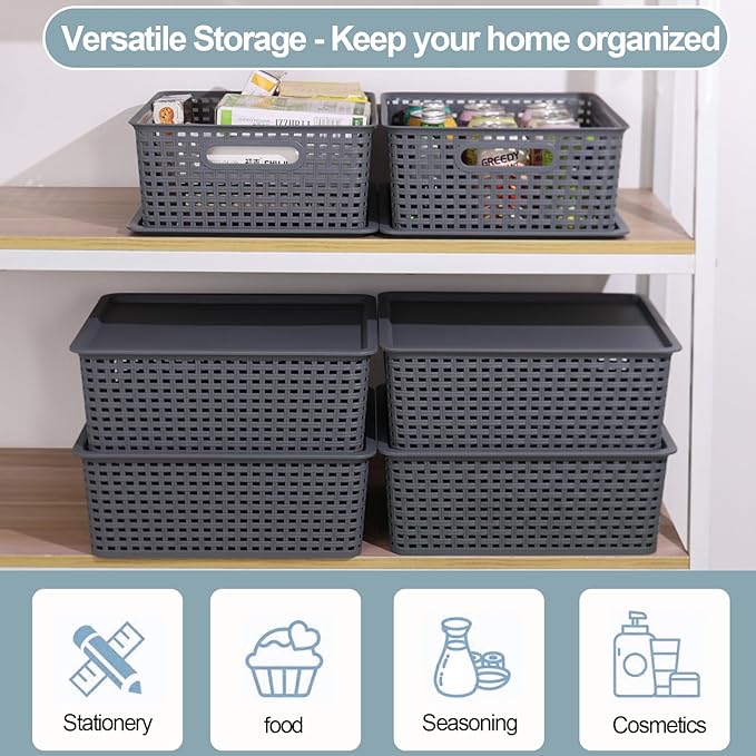 6 Pack Plastic Storage Bins with Lids Stackable Storage Baskets with Handles Plastic Organizer Container Bins for DeskShelvesOffice Pantry Organizers and Storage Grey