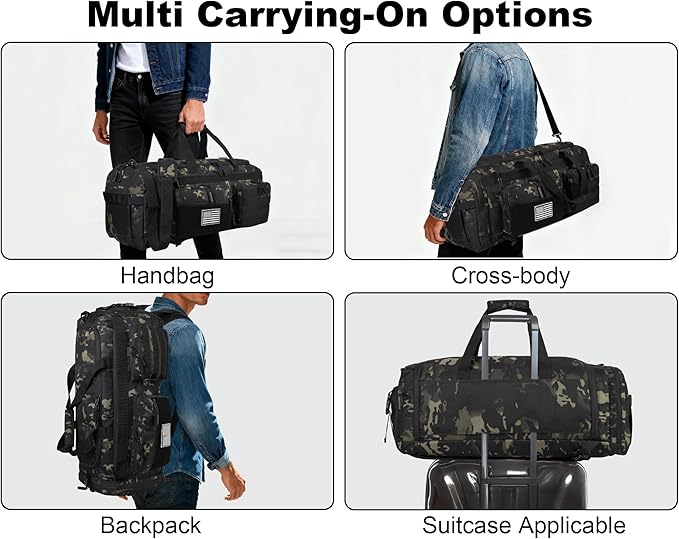 LHI 50L Tactical Duffle Bag for Men 3-in-1 Gym Duffle and Backpack Shoe Compartment Laptop Sleeve and MOLLE Carry-On Travel Weekender and Overnight Bag – Black CP Camo