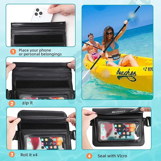 Niveaya Double Space Waterproof Fanny Pack IPX8 Waterproof Pouch Dry Belt Bag for Beach Kayaking Swimming Touchscreen &amp PhotographyBoat Travel Essentials for Women Men(2 Pack)