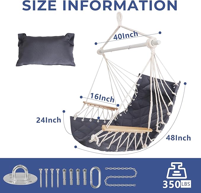 Hammock Chair Hanging Swing with Wooden ArmrestSteel Spreader BarPillowsHardware kit IncludedCotton Woven FabricUp to 350 Lbsfor Indoor or Outdoor