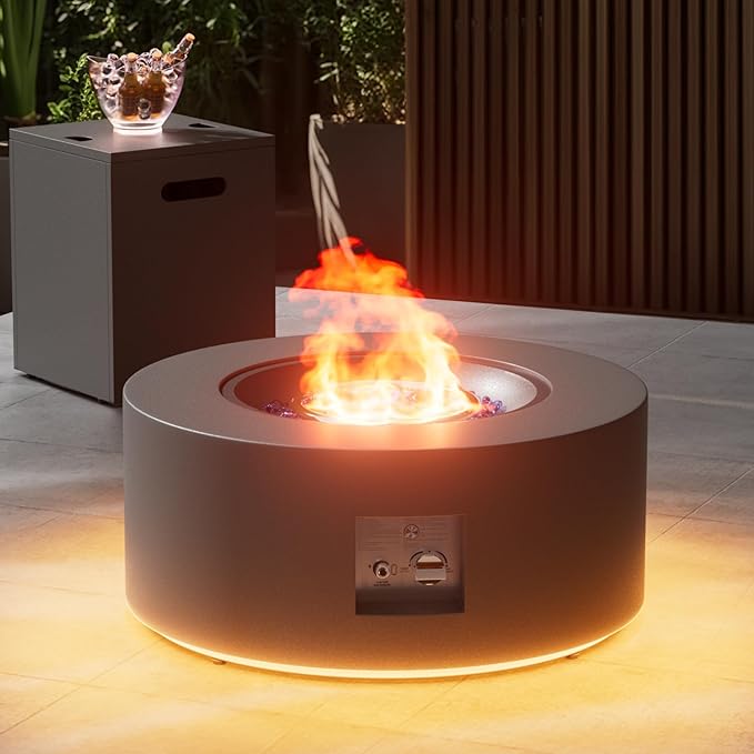 30 Round Propane Fire Pit Table - 50K BTU with Lid Rocks Tank Storage and Cover - Round Gas Fire Pits for Outside Patio - Outdoor Table with Firepit (Grey/Golden Light 30 Round)
