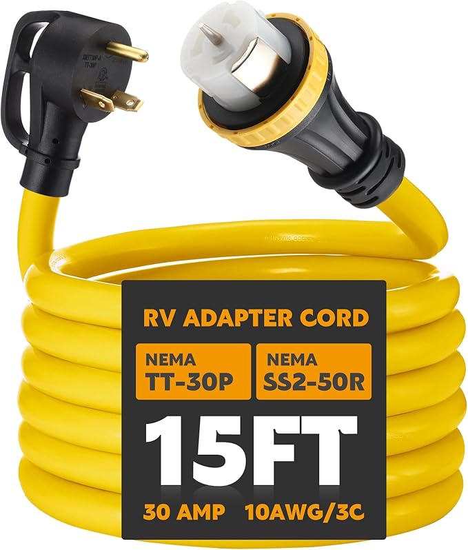 15ft 30 Amp to 50 Amp RV Locking Adapter Cord Compatible with Nema TT-30P Male to SS2-50R Locking Female Power Dog Bone Plug for RV Trailer Camper STW 10 Awg/3c
